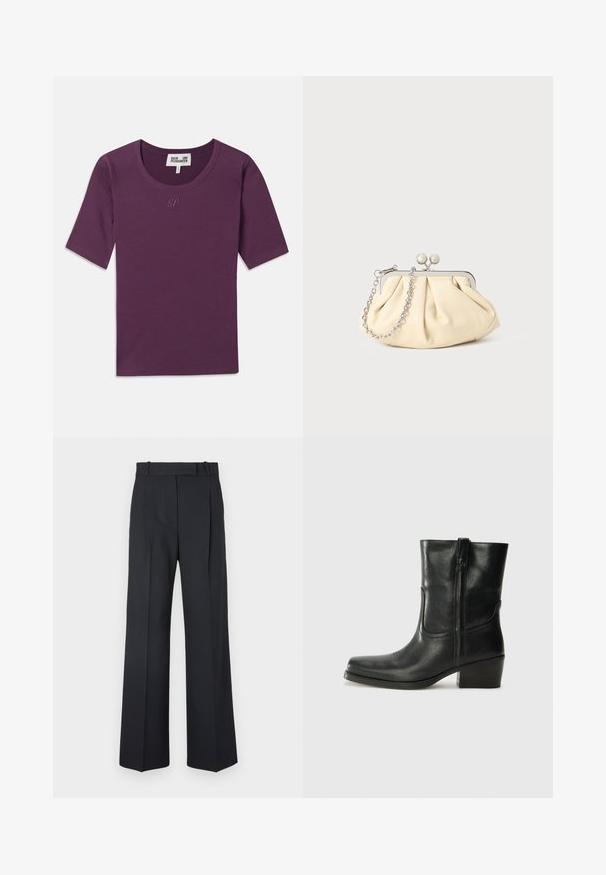 Granatowy wełniany płaszcz o dopasowanej sylwetce, z klapami, dwiema przednimi kieszeniami i prostym krojem. Gładka tekstura i minimalistyczne wykończenie.; Fioletowa koszulka z ribbowanym wykończeniem, o okrągłym dekolcie, krótkich rękawach i subtelnym logo "BP" w dopasowanym kolorze na klatce piersiowej.; Ciemnoniebieskie spodnie w paski z wysokim stanem, szerokimi nogawkami i bez widocznych elementów metalowych lub ozdób. Gładka tekstura i dopasowany krój.; Czarne skórzane botki za kostkę z okrągłym noskiem, słupkowym obcasem, bocznym zamkiem i przeszyciami na cholewce. Gładka tekstura, klasyczny design.; Złożona beżowa skórzana kopertówka z srebrną metalową ramą, z dwoma okrągłymi dekoracyjnymi zapięciami i srebrnym łańcuszkiem.