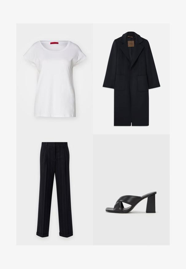 Tengerészkék gyapjú kabát, testre szabott sziluettel, lekerekített hajtókákkal, két elülső zsebbel és egyenes szabással. Sima textúra és minimális részletezés.; MAX&Co. MALDIVE - Basic póló - weiss; Fekete csíkos nadrág, testre szabott fazonnal, cuffolt szegéllyel és elülső redőkkel. Sima anyagból készült, strukturált kialakítással.; MAX&Co. SOHO - Magas sarkú szandálok - schwarz