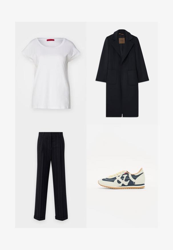 Navy wool coat with a tailored silhouette, notched lapels, two front pockets, and a straight cut. Smooth texture and minimal detailing.; MAX&Co. MALDIVE - Basic T-shirt - weiss; Black pinstriped trousers with a tailored fit, featuring a cuffed hem and front pleats. Made of smooth fabric with a structured design.; Sneaker featuring a mix of cream, navy, and suede materials, lace-up design, diagonal stitching, and a rubber sole with traction.