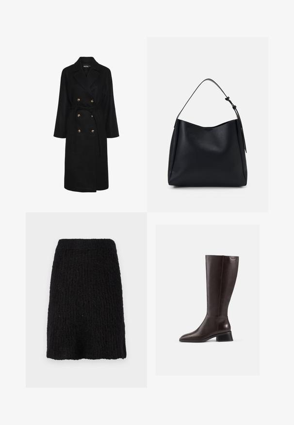 Svart dobbeltrad frakk med belte i midjen, gullfargede knapper, brede revers og lange ermer; laget av et mykt, teksturert stoff.; Svart turtleneck genser laget av mykt materiale, med en avslappet passform, lange ermer, ribbede mansjetter og en jevn tekstur gjennom hele.; Svart strikket skjørt med en teksturert mønster, midtlengde, og bredt liv. Materialet virker mykt med en litt lodden overflate.; Knæhøye brune lærstøvler med glatt finish, rundt tå og stablet svart hæl. Enkelt design med minimale maskinvaredetaljer.; Svarte skinn hobo-veske med en enkelt skulderreim, glatt tekstur, avsmalnet topp og minimalistisk design uten synlig maskinvare.