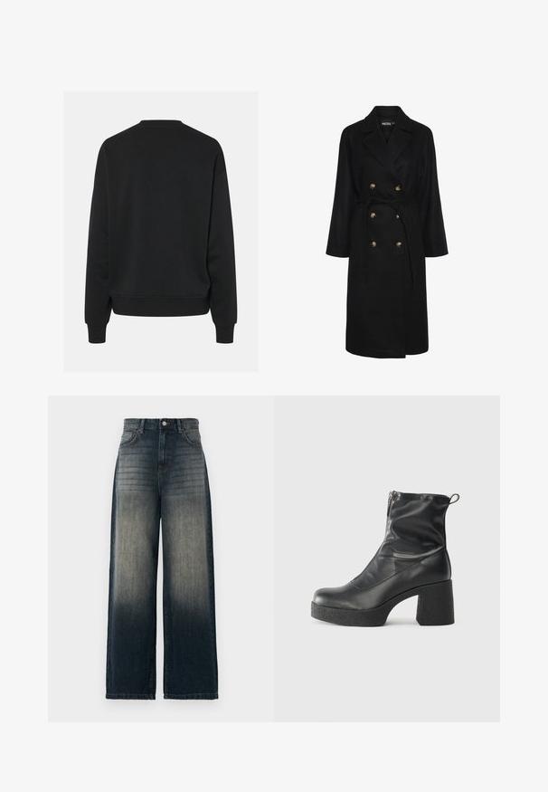 Cappotto nero doppiopetto con cintura in vita, bottoni dorati, ampi revers e maniche lunghe; realizzato in un tessuto morbido e testurizzato.; Felpa nera con scollatura rotonda e maniche lunghe, caratterizzata da una vestibilità comoda e polsini a coste. Tessuto liscio, senza motivi visibili.; Top lungo aderente a maniche nere con colletto alto e dettagli con zip sul retro, caratterizzato da una silhouette attillata e una texture morbida.; Jeans a gamba larga in denim scuro, con una sfumatura sbiadita che va dal scuro al chiaro, dotati di cinque tasche e dettagli di cucitura a contrasto.; Stivali neri alla caviglia in pelle liscia, con zip laterale, tacco spesso e texture, e punta arrotondata.