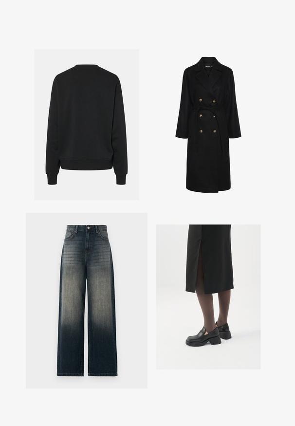 Melns divrindīgs mētelis ar jostu vidukļa daļā, zelta toņa pogām, platām atlokām un garām piedurknēm; izgatavots no mīksta, teksturēta auduma.; Melna sporta krekla ar apaļu kakla izgriezumu un garām piedurknēm, ar brīvu piegriezumu un ribotiem piedurkņu galiem. Gluda auduma tekstūra, bez redzamām rakstu izdrukām.; Platas kājas džinsi tumši denima krāsā, ar izbalējušu gradientu no tumšā līdz gaišajam, pieci kabatas un kontrastējošas šuves detaļas.; Melni ādas apavi ar noapaļotu purngalu, biezām bloku papēžiem un elastīgiem sānu akcentiem, apvienoti ar tumšām zeķubiksēm un melnu svārku ar šķirbu.