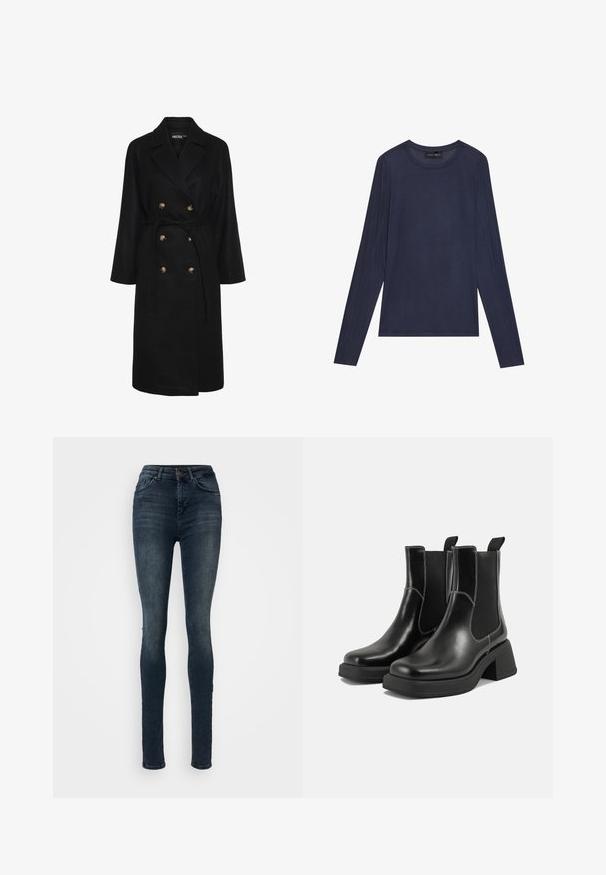 Casaco preto de duplo peitilho com cintura cingida, botões em tom dourado, lapelas largas e mangas longas; feito de um tecido macio e texturizado.; T-shirt de manga longa azul-marinho feito de tecido suave e leve. Apresenta um decote redondo e detalhes de costura ao longo das mangas e dos lados.; Jeans skinny em denim azul escuro. Design de cintura alta com estilo de cinco bolsos, apresentando uma textura ligeiramente desbotada e fecho metálico frontal.; Botas Chelsea em couro preto com um salto grosso, painéis laterais elásticos e costura branca em contraste. Acabamento texturizado.