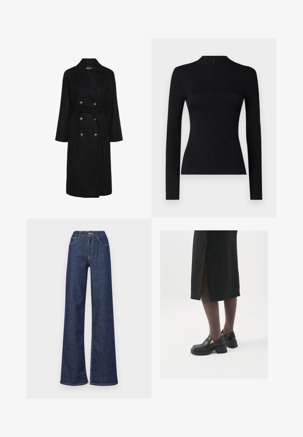 Juodas dvigubas paltas su dirželiu juosmeniui, auksinės spalvos mygtukais, plačiomis apykaklėmis ir ilgomis rankovėmis; pagamintas iš minkštos, tekstūruotos medžiagos.; Juoda ilgomis rankovėmis gunga su aukštu kaklu ir užpakaline užtrauktuko detale, pasižyminti prigludusia siluetu ir minkšta tekstūra.; Plati džinsai tamsiai mėlynos spalvos, su aukštu liemeniu, priekinėmis kišenėmis, matomomis siūlėmis ir švariu apdaila ant apačios.; Juodos odinės bateliai su apvaliu nosiu, stora blokine pakulne ir elastingais šonais, derinami su tamsiomis pėdkelnėmis ir juoda sijonu su plyšiu.