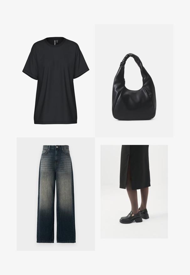 Juodas dvigubas paltas su dirželiu juosmeniui, auksinės spalvos mygtukais, plačiomis apykaklėmis ir ilgomis rankovėmis; pagamintas iš minkštos, tekstūruotos medžiagos.; Juoda trumpomis rankovėmis marškinėliai su apvalia iškirpte, pagaminti iš minkštos medžiagos. Turi laisvesnį kirpimą ir minimalias siuvimo detales.; Plati kojinės džinsai tamsiai mėlynos spalvos, su išblukusiu gradientu nuo tamsios iki šviesios, turintys penkis kišenes ir kontrastingas siuvimo detales.; Juodos odinės bateliai su apvaliu nosiu, stora blokine pakulne ir elastingais šonais, derinami su tamsiomis pėdkelnėmis ir juoda sijonu su plyšiu.; Juodas hobo krepšys, pagamintas iš lygaus odos panašaus materiaus, su susuktos rankenos, turintis minkštą, apvalią formą ir viršutinį užtrauktuką.