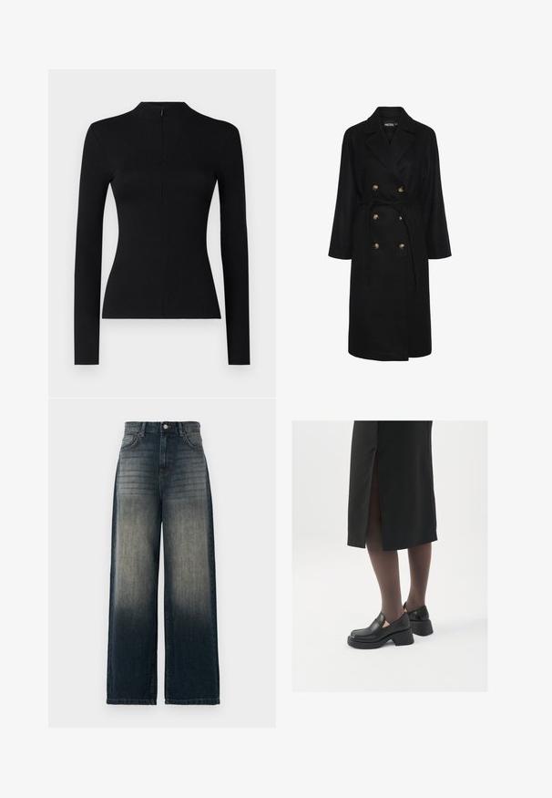 Must mustrikkade jope, millel on vöödiga talje, kuldse tooni nööbid, laiad kraed ja pikad varrukad; tehtud pehmest, struktureeritud kangast.; Mustast pikast varrukast ribande topist, millel on kõrge kaelus ja seljavalgustuse detail, esitades voolava silueti ja pehme tekstuuri.; Laiad teksad tumes denimis, millel on tuhmuv gradient tumedast heledaks, viis taskut ja kontrastne õmblusdetail.; Mustad mustad jalatsid ümmarguse varbaga, paksu plokkniidi ja elastsete külgdetailidega, kombineeritud tumedate sukkade ja musta lõhikuga seelikuga.