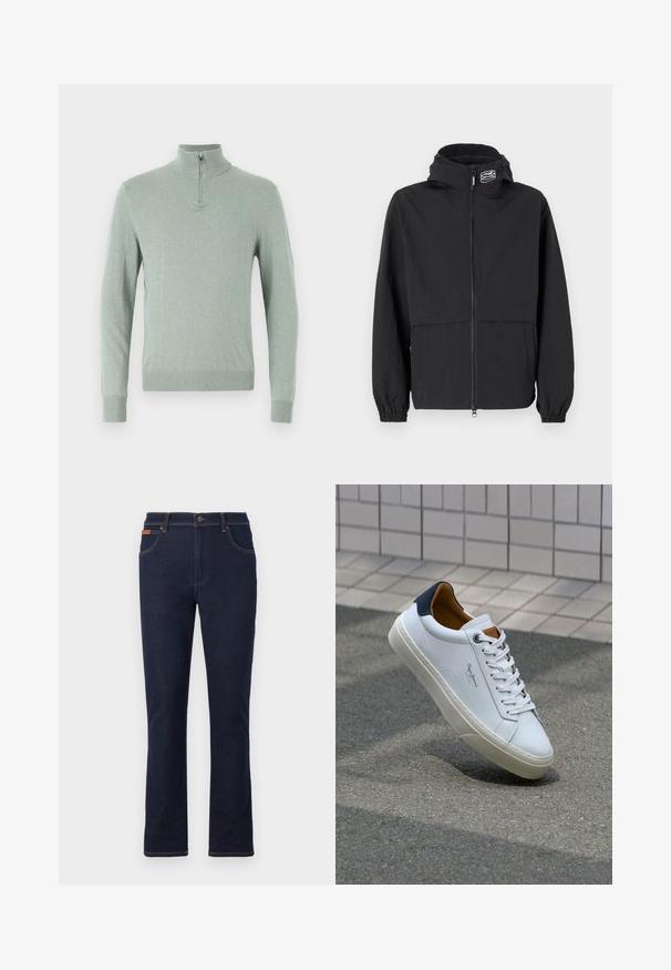 Schwarze Windjacke mit Reißverschluss, elastischen Bündchen und Kapuze. Mit einer Brusttasche und glattem, leichtem Stoff.; Figurbetonter Pullover mit langen Ärmeln in Hellgrün, ausgestattet mit einem hohen Kragen und einem Viertelreißverschluss, geripptem Saum und Bündchen, aus einem weichen Strickmaterial gefertigt.; Dunkelblaue Jeans mit geradem Beinschnitt, ausgestattet mit orangefarbenen Nähten, fünf Taschen und einem Knopfverschluss an der Taille.; Weiße Ledersneaker mit navyfarbenem Fersenbereich, runder Zehenpartie und kontrastierenden braunen Akzenten. Verfügt über flache Schnürsenkel und eine strukturierte Gummisohle.