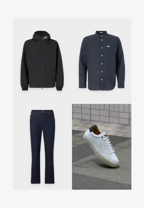 Juodas vėjaraščių striukė su užtrauktuku priekyje, elastinėmis rankogaliais ir užtraukiama kapuce. Yra krūtinės kišenė ir glotni, lengva medžiaga.; Tamsiai mėlyna ilgaažuolė marškinėliai iš lino, su mygtuku ant apykaklės, priekinė kišenė ir balti mygtukai. Wrangler logotipas ant kišenės.; Tamsiai mėlyni džinsai su tiesiu kirpimu, turintys oranžinę siuvimo ornamentiką, penkias kišenes ir sagos užsegimą juosmens srityje.; Balti odiniai sportbačiai su mėlynu kulnu, apvalia nosimi ir kontrastingais rudais akcentais. Aptakios raišteliai ir tekstūruota guma.