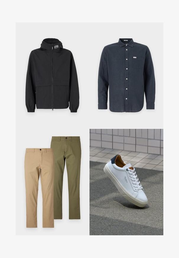 Juodas vėjaraščių striukė su užtrauktuku priekyje, elastinėmis rankogaliais ir užtraukiama kapuce. Yra krūtinės kišenė ir glotni, lengva medžiaga.; Tamsiai mėlyna ilgaažuolė marškinėliai iš lino, su mygtuku ant apykaklės, priekinė kišenė ir balti mygtukai. Wrangler logotipas ant kišenės.; Smėlio ir alyvuogių žalios spalvos medvilninės kelnės, tiesaus kirpimo dizainas, su diržo kilpomis, užtrauktuku ir mygtuko uždarymu, pasižyminčios lygiu paviršiumi.; Balti odiniai sportbačiai su mėlynu kulnu, apvalia nosimi ir kontrastingais rudais akcentais. Aptakios raišteliai ir tekstūruota guma.