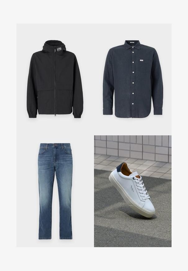 Svart vindjakke med glidelås foran, elastiske mansjetter og hette. Har en brystlomme og glatt, lettvektstoff.; Mørkeblå langermet skjorte laget av lin, med krage som kan kneppes ned, frontlomme og hvite knapper. Wrangler-logo på lommen.; Jeans i denim med en middels blå vask, rett benklipp, fem lommer, og klassisk knapp og glidelås lukking. Falmet detaljering på lårene.; Hvit lærsneaker med marineblå hæl, rund tå og kontrasterende brune detaljer. Har flate lisser og teksturert gummisåle.