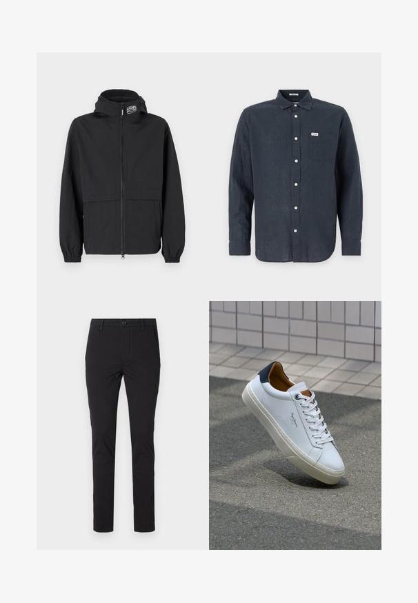 Schwarze Windjacke mit Reißverschluss, elastischen Bündchen und Kapuze. Mit einer Brusttasche und glattem, leichtem Stoff.; Dunkelblaues Langarmhemd aus Leinen mit Button-Down-Kragen, Fronttasche und weißen Knöpfen. Wrangler-Logo auf der Tasche.; Schwarze Slim-Fit-Hosen aus einer Baumwollmischung, mit Fronttaschen, einem Knopfverschluss und einer glatten, einfarbigen Textur.; Weiße Ledersneaker mit navyfarbenem Fersenbereich, runder Zehenpartie und kontrastierenden braunen Akzenten. Verfügt über flache Schnürsenkel und eine strukturierte Gummisohle.