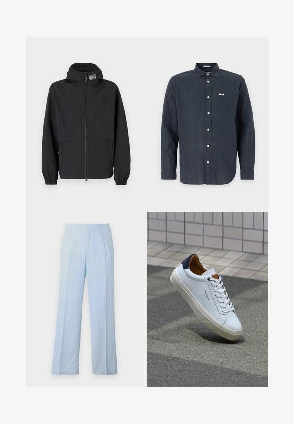 Melnā vējjakā ar rāvējslēdzēju priekšpusē, elastīgiem pintes piedurknēm un kapuci. Iekļauj krūšu kabatu un gludu, vieglu audumu.; Tumši zils garām piedurknēm krekls, izgatavots no lina, ar pogājamu apkakli, priekšējo kabatu un baltiem podziņām. Wrangler logo uz kabatas.; Gaiši zila, platu kāju bikses no mīksta auduma ar ribotu tekstūru un elastīgu jostu, ar priekšējiem krokām un brīvu piegriezumu.; Baltas ādas čības ar tumši zilu papēdi, apaļu purngalu un kontrastējošām brūnām detaļām. Aprīkotas ar plakanu auklu un struktūrētu gumijas zoli.