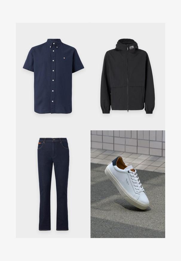 Fekete szélálló dzseki cipzáros elülső résszel, rugalmas mandzsettákkal és kapucnival. Tartalmaz egy mellzsebet és sima, könnyű anyagból készült.; Rövidujjú sötétkék póló, pamutból készült, gombos nyakkal, elöl gombokkal és egy kis hímzett logóval a mellrészen.; Sötétkék farmernadrág egyenes lábvágással, narancssárga varrással, öt zsebbel és gombos derékkal.; Fehér bőr sneaker sötétkék sarkúval, kerek orral és kontrasztos barna részletekkel. Lapított fűzőkkel és textúrált gumitalppal rendelkezik.