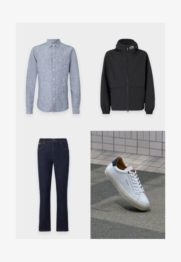 Sort vindjakke med lynlås foran, elastiske ærmer og hætte. Har en brystlomme og blødt, letvægtsstof.; Blå luksus langærmet skjorte med knap-krave, fremhævet af et struktureret stof og en buet kant. Fem forreste knapper i en enkelt række.; Mørkeblå denim jeans med lige ben, prydet med orange syninger, fem lommer og en knaplukning i taljen.; Hvide lædersneakers med en marineblå hæl, rund tå og kontrasterende brune detaljer. Har flade snørebånd og en tekstureret gummisål.