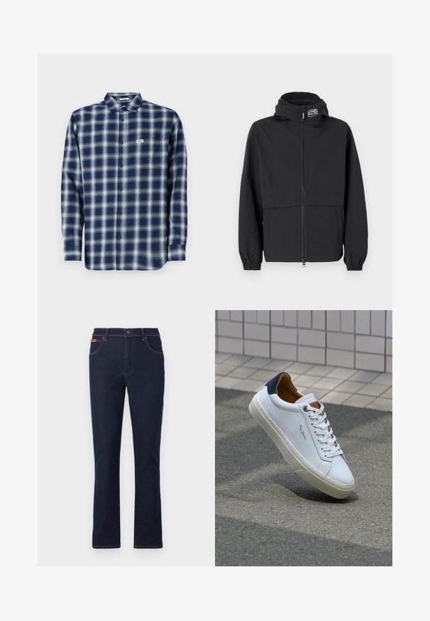 Zwarte windjack met een ritssluiting aan de voorkant, elastische cuffs en een capuchon. Voorzien van een borstzak en van een gladde, lichtgewicht stof.; Blauw-witte geruite overhemden met knopen, van katoen, met lange mouwen en een klein logotag op de linkerborst. Klassiek ontwerp van de kraag.; Donkerblauwe denim jeans met een rechte pijp, voorzien van oranje stiksels, vijf zakken en een knoopsluiting in de taille.; Witte leren sneaker met een marineblauwe hiel, ronde neus en contrasterende bruin accent. Beschikt over platte veters en een gestructureerde rubberen zool.
