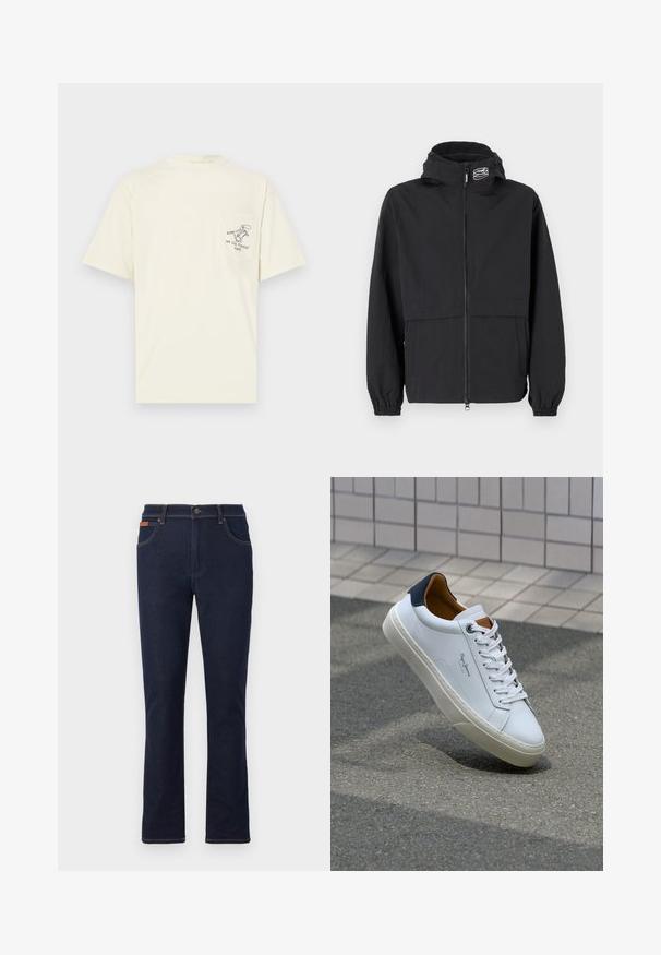 Veste coupe-vent noire avec une fermeture éclair à l'avant, des poignets élastiques et une capuche. Comprend une poche poitrine et un tissu lisse et léger.; T-shirt à manches courtes de couleur crème en coton, comportant une poche sur le côté gauche de la poitrine avec un design graphique et du texte en noir.; Jeans en denim bleu foncé avec une coupe droite, ornés de coutures orange, de cinq poches et d'une fermeture à bouton à la taille.; Sneaker en cuir blanc avec un talon bleu marine, bout rond et accents marron contrastés. Dispose de lacets plats et d'une semelle en caoutchouc texturée.