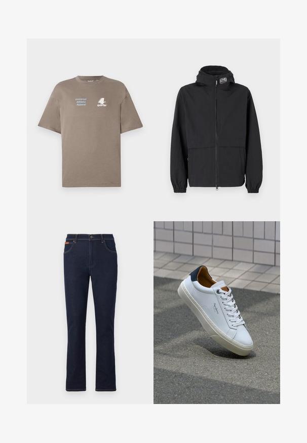 Sort vindjakke med lynlås foran, elastiske ærmer og hætte. Har en brystlomme og blødt, letvægtsstof.; Brun bomulds t-shirt med rund halsudskæring. Har blå tekst "Universal Athletic Apparel" og hvidt "4th quarter" logo på forsiden. Korte ærmer.; Mørkeblå denim jeans med lige ben, prydet med orange syninger, fem lommer og en knaplukning i taljen.; Hvide lædersneakers med en marineblå hæl, rund tå og kontrasterende brune detaljer. Har flade snørebånd og en tekstureret gummisål.