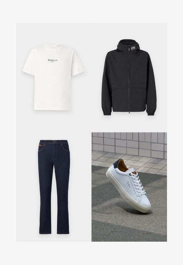 Sort vindjakke med lynlås foran, elastiske ærmer og hætte. Har en brystlomme og blødt, letvægtsstof.; Hvid bomulds t-shirt med korte ærmer, der har en grøn grafisk tryk, som viser teksten "CATAVINO" og "BENICO" på forsiden.; Mørkeblå denim jeans med lige ben, prydet med orange syninger, fem lommer og en knaplukning i taljen.; Hvide lædersneakers med en marineblå hæl, rund tå og kontrasterende brune detaljer. Har flade snørebånd og en tekstureret gummisål.