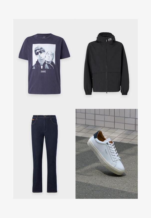 Sort vindjakke med lynlås foran, elastiske ærmer og hætte. Har en brystlomme og blødt, letvægtsstof.; Navyblå bomulds t-shirt med et stort grafisk tryk af to mandlige figurer. Teksten "oasis" er centreret under billedet. Kortærmet, rund hals.; Mørkeblå denim jeans med lige ben, prydet med orange syninger, fem lommer og en knaplukning i taljen.; Hvide lædersneakers med en marineblå hæl, rund tå og kontrasterende brune detaljer. Har flade snørebånd og en tekstureret gummisål.