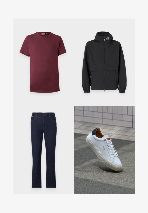 Sort vindjakke med lynlås foran, elastiske ærmer og hætte. Har en brystlomme og blødt, letvægtsstof.; Burgunder crew neck t-shirt i blød bomuld, kortærmet, klassisk pasform, har en lige kant uden mønstre eller hardwaredetaljer.; Mørkeblå denim jeans med lige ben, prydet med orange syninger, fem lommer og en knaplukning i taljen.; Hvide lædersneakers med en marineblå hæl, rund tå og kontrasterende brune detaljer. Har flade snørebånd og en tekstureret gummisål.