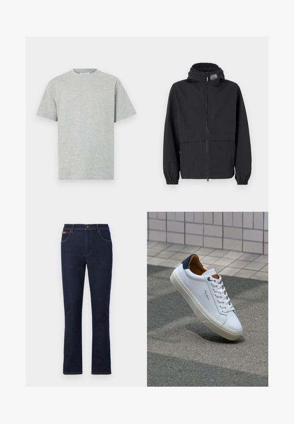 Sort vindjakke med lynlås foran, elastiske ærmer og hætte. Har en brystlomme og blødt, letvægtsstof.; Grå bomulds T-shirt med rund halsudskæring, korte ærmer og en afslappet pasform. Glat tekstur uden synlige mønstre eller detaljer.; Mørkeblå denim jeans med lige ben, prydet med orange syninger, fem lommer og en knaplukning i taljen.; Hvide lædersneakers med en marineblå hæl, rund tå og kontrasterende brune detaljer. Har flade snørebånd og en tekstureret gummisål.