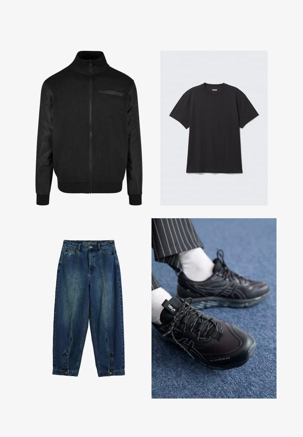 Chaqueta negra con cremallera y un alto cuello, puños acanalados y una textura suave. Incluye un pequeño bolsillo en la parte superior izquierda.; Camiseta de algodón de manga corta en color negro. Cuenta con un cuello redondo y un corte relajado. Diseño sencillo sin patrones ni acentos visibles.; Pantalones de mezclilla con un clásico lavado azul, diseño de cintura alta, ajuste holgado, bolsillos delanteros y traseros, y cierre de botón en la cintura.; Zapatillas deportivas negras con parte superior texturizada y cordones oscuros. Presentan una suela de gel transparente. Llevadas con calcetines blancos y pantalones de rayas.