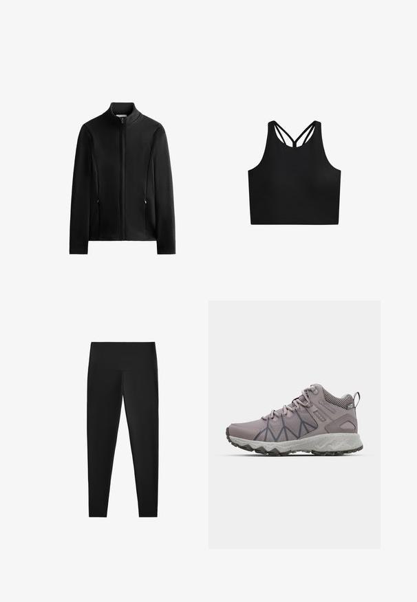 Črn zip-up jopič z visokim ovratnikom, sprednjimi žepi, gladko teksturo, dolgimi rokavi in subtilnim šivnim detajlom. Ravninska zasnova, brez vzorcev ali logojev.; Črn športni crop top z gladko teksturo, ki ima visok ovratnik in dvojne križaste naramnice na hrbtu. Preprost, funkcionalen dizajn.; Črne legice z visokim pasom, izdelane iz raztegljivega materiala. Gladka tekstura in prilegajoča zasnova za udobno nošenje. Brez vidnih vzorcev ali dodatkov.; Svetlo vijoličaste pohodne čevlje z mrežastim in sintetičnim zgornjim delom, strukturiranimi vzorci na straneh, oblazinjeno srednje podplatom in robustnim gumijastim podplatom.