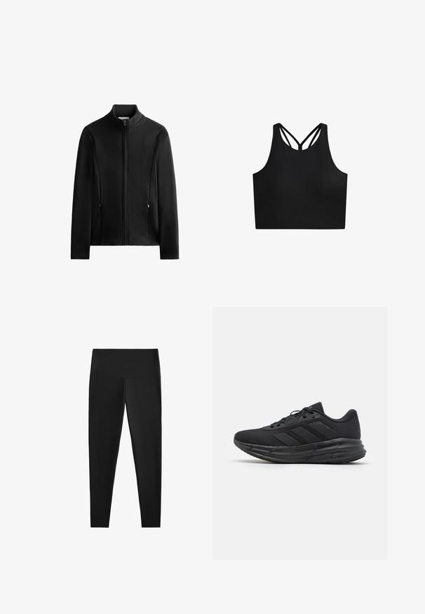 Veste zippée noire avec col montant, poches avant, texture lisse, manches longues et détails de coutures subtils. Design plat, sans motifs ni logos.; Crop top de sport noir avec une texture lisse, doté d'un col haut et de deux bretelles croisées dans le dos. Design simple et fonctionnel.; Leggings noirs à taille haute, fabriqués en matériau extensible. Texture lisse et design ajusté pour un port confortable. Pas de motifs ni de matériel visible.; Chaussure de sport noire avec une tige en mesh respirant, présentant trois rayures noires mates, une semelle rembourrée et une semelle texturée pour une meilleure adhérence.