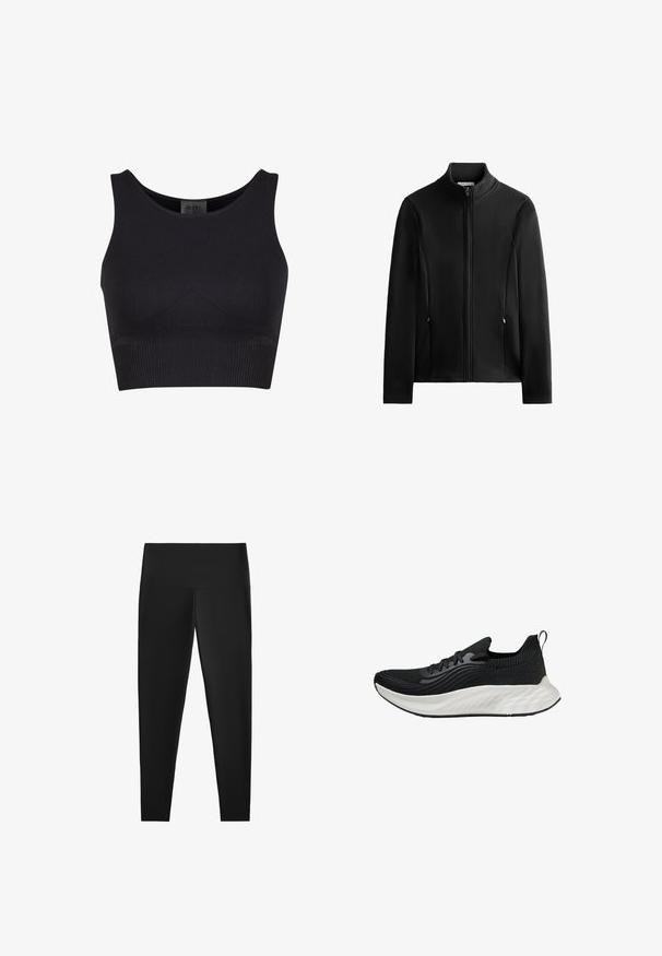 Črn zip-up jopič z visokim ovratnikom, sprednjimi žepi, gladko teksturo, dolgimi rokavi in subtilnim šivnim detajlom. Ravninska zasnova, brez vzorcev ali logojev.; Črn rebrast crop top z zaobljenim izrezom in širokimi naramnicami. Ima prilegajoč dizajn in brezšivne robove za udobje.; Črne legice z visokim pasom, izdelane iz raztegljivega materiala. Gladka tekstura in prilegajoča zasnova za udobno nošenje. Brez vidnih vzorcev ali dodatkov.; Črne atletske čevlje s teksturiranim zgornjim delom, belim oblazinjenim podplatom in diskretnim logotipom. Imajo zanko za lažje obuvanje in vezalni sistem.