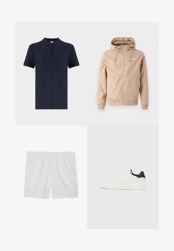 Beige Zip-Jacke mit Kapuze, Kordelzügen, elastischen Bündchen und Saum. Auf der linken Brustseite befindet sich das "JACK&JONES"-Logo in Weiß.; Marineblaues Poloshirt aus strukturiertem Stoff mit klassischem Kragen, drei Knöpfen und kurzen Ärmeln. Schlichtes Design mit geradem Schnitt.; Weiße Baumwollshorts mit elastischem Taillenbund und Kordelzug, ausgestattet mit zwei Seitentaschen und klaren Linien, die ein einfaches Design bieten.; Weißes Leder-Sneaker mit geprägtem Muster, strukturierter weißer Zwischensohle und schwarzen Akzenten an der Ferse. Verfügt über eine abgerundete Zehenpartie und flache Schnürsenkel.