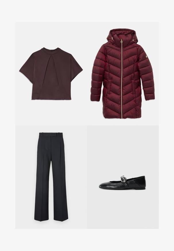 Pitkään marooni värinen tikattu toppatakki, jossa on huppu, edessä vetoketju, sivutaskut ja logo-embleemi vasemmassa hihassa.; Tummanruskea lyhythihainen paita, jossa on korkea kaula-aukko. Paidan edessä on laskos ja hienovaraiset saumat sivuilla, ja se on valmistettu sileästä, tekstuuripinnasta.; Tummansiniset raidalliset housut, joissa on korkea vyötärö, leveät lahkeet ja ei näkyviä metalliosia tai koristeita. Sileä pinta ja räätälöity istuvuus.; Mustat nahka ballet-mokkasiinit, joissa on kärjellinen muoto, ympyrämäinen metallinen solki ja tasapohja.