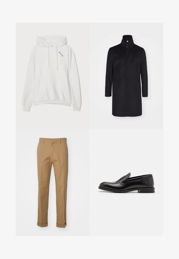 Schwarzer Wollmantel mit hohem Kragen, zwei Fronttaschen und einer Drei-Knopf-Verschluss. Gerader Schnitt und glatte Textur, minimalistisches Design.; Weißer Hoodie mit strukturiertem Design, ausgestattet mit einer Vordertasche, einer Kapuze mit Kordelzug und hellblauen Akzentnähten auf der Brust.; Braune Baumwollhosen mit geradem Schnitt, unter anderem mit umgeschlagenem Saum, zwei Vordertaschen und einer glatten Textur.; Schwarze Lederloafers mit glatter Textur, rundem Zehenbereich und einem dekorativen Riemen über dem Vorderfuß. Niedriger, gestapelter Absatz, minimalistisches Design.