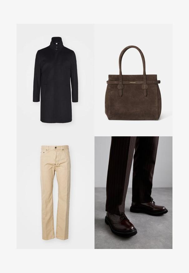 Cappotto di lana nera con collo alto, due tasche frontali e chiusura a tre bottoni. Taglio dritto e texture liscia, design minimale.; Canottiera bianca in cotone senza maniche con scollatura rotonda, caratterizzata da una texture liscia e una vestibilità aderente, progettata per l'abbigliamento casual.; Pantaloni in cotone beige con un design a gamba dritta, caratterizzati da chiusura con bottone, passanti per cintura e tasche frontali. Texture liscia, cuciture minime.; Scarpe stringate in pelle marrone con finitura lucida, suola in gomma nera e cuciture sottili. Indossate con pantaloni marroni a righe.; Borsa a spalla in suede marrone scuro con doppi manici e una tracolla orizzontale, dotata di una piccola placca con il logo DSQUARED2 in oro.