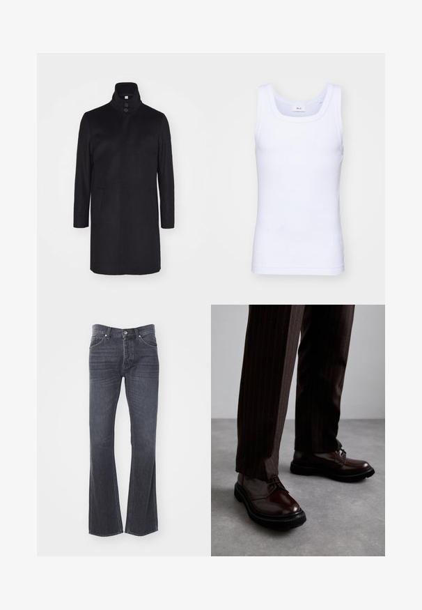 Black wool coat with a high collar, two front pockets, and a three-button closure. Straight cut and smooth texture, minimal design.; White cotton sleeveless tank top with a round neckline, featuring a smooth texture and a fitting shape, designed for casual wear.; Tiger of Sweden MARTY - Straight leg jeans - black; Brown leather lace-up shoes with a glossy finish, black rubber sole, and subtle stitching. Worn with pinstriped brown trousers.