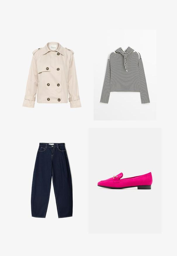 Beige double-breasted trench jacket made of cotton with gold-tone buttons, shoulder epaulets, and rolled cuffs. Smooth texture.; Massimo Dutti STRIPED WITH REMOVABLE BANDANA - Jumper - beige; Dark blue denim trousers with a loose fit, featuring five pockets, contrasting stitching, and a zip closure at the front.; Fuchsia suede loafers with a flat black heel, featuring a decorative strap and small buckle detail. Smooth texture and sleek silhouette.