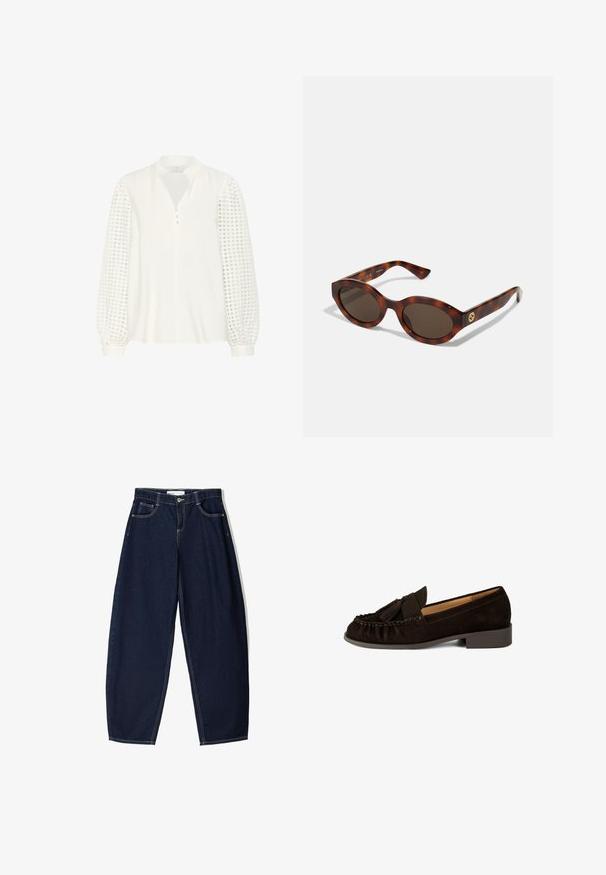 Manteau trench double boutonnage beige en coton avec des boutons dorés, des épaulettes et des manches retroussées. Texture lisse.; Kaffe Blouse - chalk; Pantalon en denim bleu foncé avec une coupe ample, comportant cinq poches, des coutures contrastées et une fermeture éclair à l'avant.; Mocassins en daim marron avec un bout arrondi, des détails plissés et un petit accent de glands. Dotés d'un talon bas légèrement empilé.; Lunettes de soleil en écaille de tortue avec des montures rondes, des verres foncés et des détails en or sur les branches. Matériau en plastique lisse, sans motifs visibles.