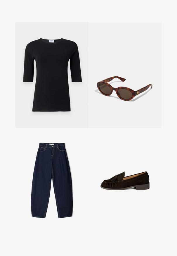 Félbe vonós bézs vízálló kabát, arany színű gombokkal, vállrész díszítéssel és felhajtható mandzsettával. Simó textúra.; Fekete, hosszú ujjú felső, puha, ruganyos anyagból készült. Jellemzője a kerek nyakkivágás és a testhezálló fazon, közepes hosszúságú ujjakkal.; Sötétkék denim nadrág, laza szabással, öt zsebbel, kontrasztos varrással és elöl cipzárral.; Barna nubuk bőr loaferek lekerekített orral, redőzött részletekkel és kis bojt díszítéssel. Alacsony, enyhén halmozott sarkú kivitel.; Fekete-arany teknősbéka napszemüveg kerek kerettel, sötét lencsékkel és arany logóval a szárakon. Sima műanyag anyag, nincs látható minta.