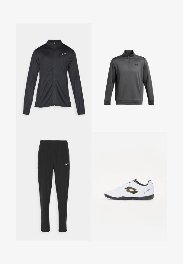 Giacca sportiva nera con maniche lunghe, colletto e zip completa. Presenta un logo Nike in bianco sulla parte superiore del lato sinistro del petto. Tessuto morbido.; Felpa grigia con colletto a zip a un quarto, realizzata in tessuto textures, con logo nero sul lato sinistro del petto e polsini lisci.; Pantaloni sportivi neri realizzati in tessuto leggero, con vita elasticizzata e logo Nike bianco sulla coscia sinistra.; Scarpe da sport bianche con accenti neri e gialli, dotate di una tomaia texturizzata, punta rotonda e una suola in gomma nera. Il design include un dettaglio del logo sul lato.