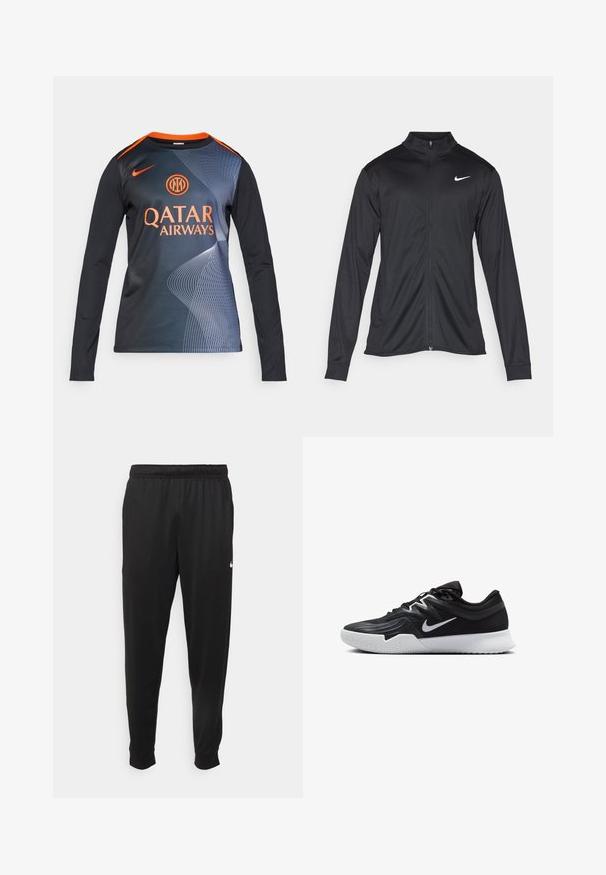 Μαύρο αθλητικό μπουφάν με μακριά μανίκια, γιακά και πλήρη φερμουάρ. Διαθέτει ένα διακριτικό λευκό λογότυπο της Nike στη πάνω αριστερή πλευρά του στήθους. Λείος υφασμάτινος χαρακτήρας.; Μακρυμάνικη μπλούζα σε μαύρο χρώμα με πορτοκαλί γιακά. Διαθέτει σχεδιασμό με γκραδιέντ και γεωμετρικά μοτίβα, καθώς και την επιγραφή "QATAR AIRWAYS" τυπωμένη σε πορτοκαλί.; Μαύρο αθλητικό παντελόνι από λείο ύφασμα, με ελαστική μέση, κοφτά μπατζάκια και μικρό λευκό λογότυπο στην αριστερή πλευρά.; Μαύρο αθλητικό παπούτσι με υφή στο επάνω μέρος, λευκό σήμα Nike και λευκή καουτσούκ σόλα. Διαθέτει σχέδιο με κορδόνια και δυναμικό σχήμα.
