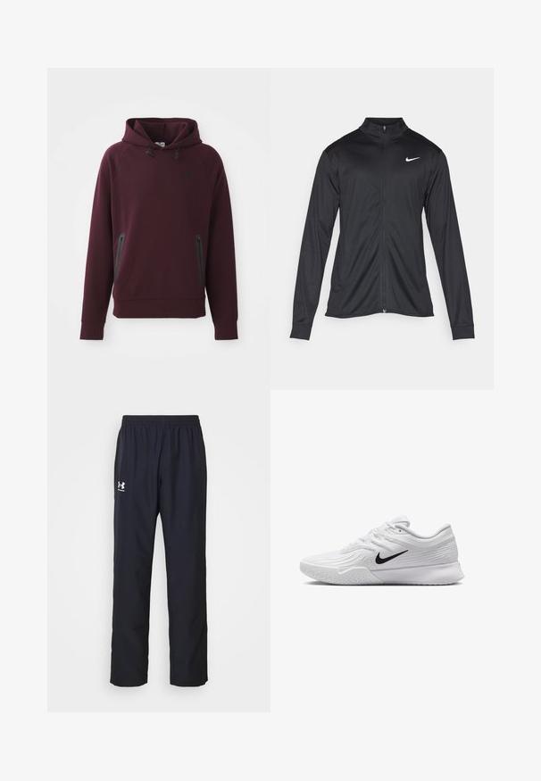 Melna sporta jaka ar garām piedurknēm, apkakli un pilnu rāvējslēdzēju. Uz kreisā krūts augšdaļas ir maigs Nike logo baltā krāsā. Gluda tekstūra.; Bordo kapucēta blūze, kas izgatavota no mīksta auduma, piedāvā kaza kabatu ar sānu rāvējslēdzējiem un melniem akcentiem. Ribota aproču un apakšdaļa.; Melni sporta bikses, izgatavotas no sintētiskā materiāla, ar elastīgu jostu un Under Armour logo baltā krāsā kreisajā augšstilbā.; Baltas sporta apavi ar teksturētu sietiņu, melns Nike zīmols, polsterētas apkakles un gumijas zole ar profilu.