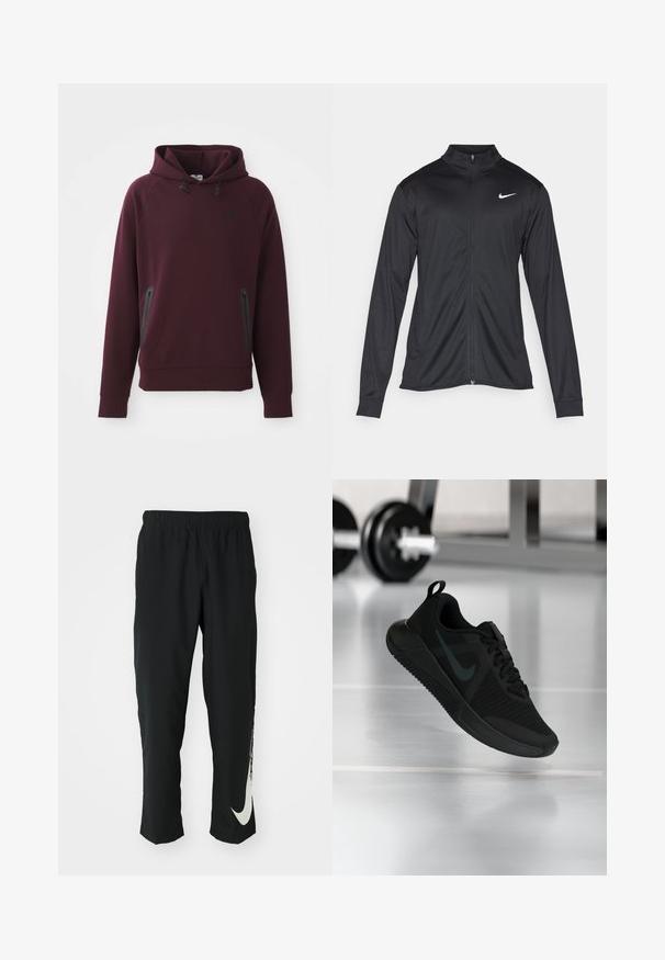 Zwarte sportjack met lange mouwen, kraag en volle rits. Voorzien van een subtiele Nike-logo in het wit op de bovenste linkerborst. Soepele textuur.; Bordeaux kleurige hoodie van zacht materiaal, met een kangoeroezak en zijritsen, en zwarte accenten. Geribbelde manchetten en onderkant.; Zwarte sportbroeken met elastische tailleband, taps toelopend ontwerp, met een groot wit Nike-logo op het linkerbeen. Zachte, lichte stof.; Zwarte sportschoen met een gestructureerd mesh bovenwerk, een rubberen zool en een opvallend donker swoosh-logo. Voorzien van een gevoerde kraag en een vetersluiting.