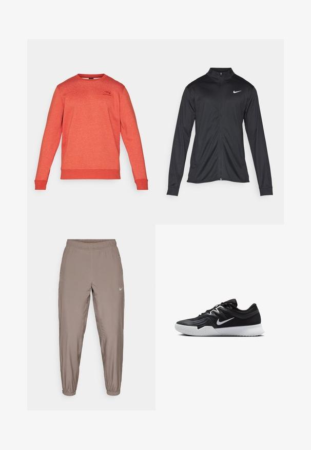 Zwarte sportjack met lange mouwen, kraag en volle rits. Voorzien van een subtiele Nike-logo in het wit op de bovenste linkerborst. Soepele textuur.; Under Armour ICON FLEECE - Sweater - earthen orange/light heather; Nike sportieve broek in een lichtbruine kleur, met een elastische tailleband, taps toelopende pijpen en zijzakken. Gladde, lichte stof.; Zwarte sportieve schoen met een gestructureerde bovenkant, witte Nike swoosh en een witte rubberen zool. Beschikt over een veterontwerp en een dynamische vorm.