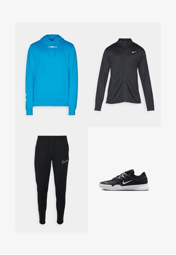 Schwarze Sportjacke mit langen Ärmeln, Kragen und voller Reißverschluss. Verfügt über ein dezentes Nike-Logo in Weiß auf der oberen linken Brust. Glatte Textur.; Helle blaue Kapuzenjacke mit einer Fronttasche, Kordelzug-Kapuze und weißem Logotext auf der Brust. Verfügt über weiße Akzente an den Ärmeln.; Schwarze sportliche Jogginghosen mit elastischem Bund, slim fit und weißem Nike-Logo auf der linken Seite. Weicher Stoff mit glatter Textur.; Schwarzer Sportschuh mit strukturiertem Obermaterial, weißem Nike-Warenzeichen und einer weißen Gummisohle. Verfügt über ein Schnürdesign und eine dynamische Form.