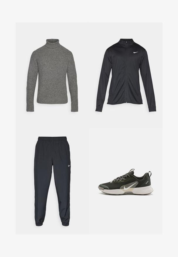 Jacket desportivo preto com mangas longas, colarinho e fecho zip completo. Apresenta um discreto logotipo da Nike em branco na parte superior do lado esquerdo do peito. Textura suave.; Pulôver de gola alta cinza tricotado, com mangas longas e uma textura canelada. Apresenta um pequeno detalhe perto do ombro.; Calças de treino pretas feitas de um tecido leve, com um cós elástico, punhos nos tornozelos e um discreto logótipo da Nike no lado esquerdo.; Sapatilha de desporto verde escura com superfície texturizada, detalhes em prata e uma sola robusta, apresentando um logo da Nike em destaque na lateral.