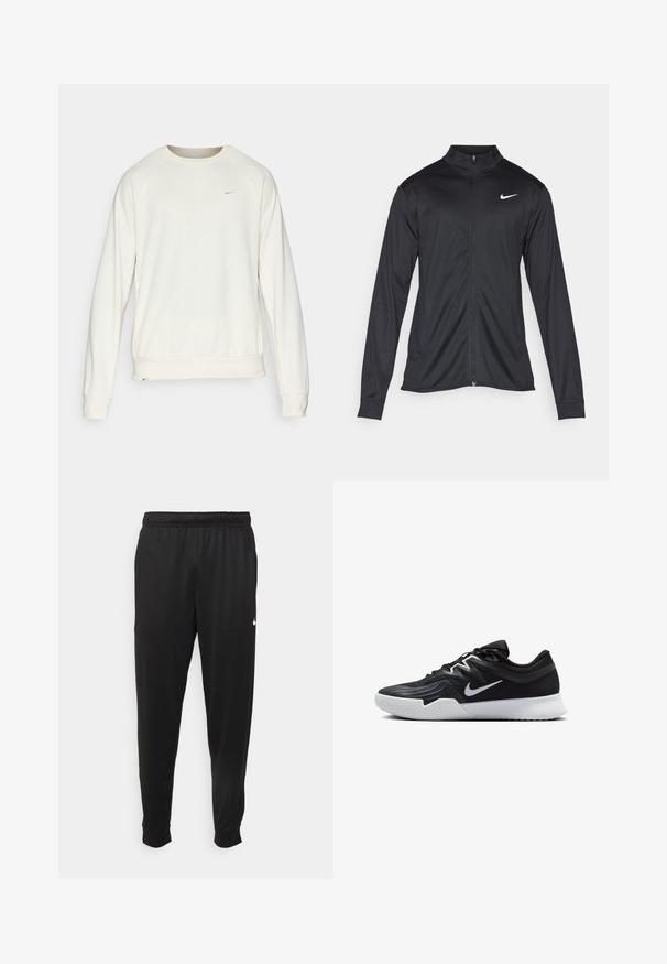 Fekete sportdzseki hosszú ujjal, gallérral és teljes cipzárral. Diszkrét fehér Nike logóval az upper bal mellen. Sima textúra.; Nike Performance PRIMARY CREW - Melegítőfelső - pale ivory; Fekete sportos nadrág sima anyagból, rugalmas derékkal, szűkülő lábakkal és egy kis fehér logóval a bal oldalon.; Fekete sportcipő texturált felsőrésszel, fehér Nike logóval és fehér gumitalppal. Fűzős kialakítással és dinamikus formával rendelkezik.