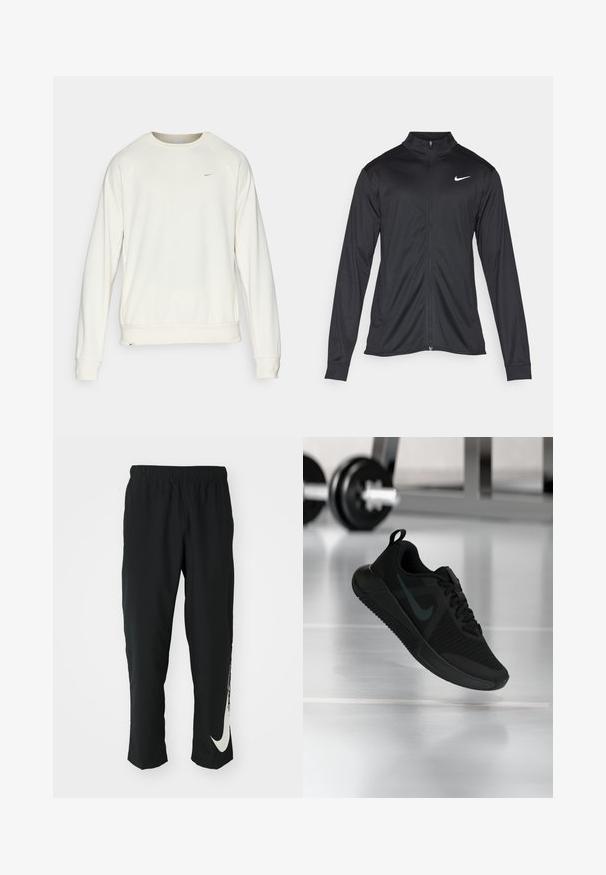 Giacca sportiva nera con maniche lunghe, colletto e zip completa. Presenta un logo Nike in bianco sulla parte superiore del lato sinistro del petto. Tessuto morbido.; Nike Performance PRIMARY CREW - Felpa - pale ivory; Pantaloni sportivi neri con cintura elasticizzata, design affusolato, caratterizzati da un grande logo Nike bianco sulla gamba sinistra. Tessuto morbido e leggero.; Scarpa sportiva nera con tomaia in mesh testurizzato, suola in gomma e un prominente logo swoosh scuro. Presenta un colletto imbottito e design con lacci.