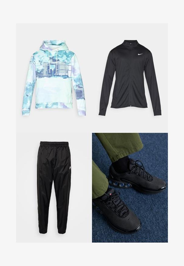 Musta urheilutakki pitkillä hihoilla, kauluksella ja kokonaisella vetoketjulla. Täydentää hienovarainen Nike-logo valkoisena vasemmassa ylärinnassa. Litteä pinta.; Huppari pastellisävyissä, jossa on vesivärikuvio. Ominaisuuksiin kuuluu etutasku ja valkoiset nyörit. Valmistettu pehmeästä kankaasta.; Mustat urheiluhousut, jotka on valmistettu kevyestä, kiiltävästä materiaalista ja joissa on joustava vyötärö, kapeneva malli ja vetoketjulliset taskut. Mukana logo korostus.; Mustat urheilukengät, joissa on verkkomateriaali, teksturoitu pinta ja näkyvät ilmapatjat. Yhdistetty oliivinvihreisiin housuihin ja mustiin sukkiin.