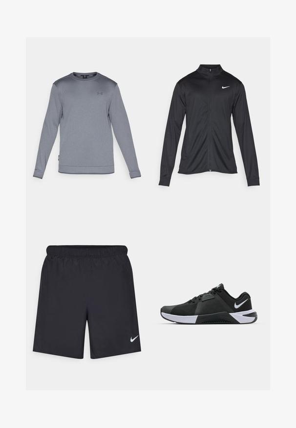 Fekete sportdzseki hosszú ujjal, gallérral és teljes cipzárral. Diszkrét fehér Nike logóval az upper bal mellen. Sima textúra.; Hosszú ujjú szürke sport póló, texturált anyagból készült, kerek nyakkal, amelyen egy kis logó található a mellrészen, és bordázott mandzsetták.; Fekete sportnadrág könnyű anyagból, rugalmas derékkal. A bal alsó oldalon egy kis fehér Nike-logó található.; Nike Performance METCON 10 - Edzőcipő - black/white/anthracite
