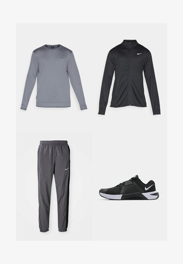 Μαύρο αθλητικό μπουφάν με μακριά μανίκια, γιακά και πλήρη φερμουάρ. Διαθέτει ένα διακριτικό λευκό λογότυπο της Nike στη πάνω αριστερή πλευρά του στήθους. Λείος υφασμάτινος χαρακτήρας.; Γκρι αθλητική μπλούζα με μακριά μανίκια, φτιαγμένη από υφασμάτινο υλικό με υφή, με στρογγυλή λαιμόκοψη, διαθέτει μικρό λογότυπο στο στήθος και λεπτομέρειες από ριμπ στις μανσέτες.; Nike παντελόνια στίβου, κατασκευασμένα από ελαφρύ ύφασμα, σε σκούρο γκρι με μαύρες πλαϊνές πάνελ. Διαθέτουν ελαστική ζώνη και ανακλαστικό λογότυπο.; Nike Performance METCON 10 - Παπούτσι προπόνησης - black/white/anthracite
