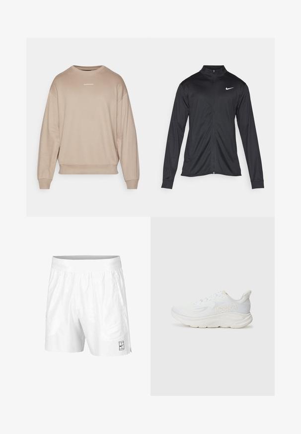 Svart idrettsjakke med lange ermer, krage og full glidelås. Har en subtil Nike-logo i hvitt på øvre venstre bryst. Glatt tekstur.; Beige genser med rund hals og senkede skuldre, ribbestrikkede mansjetter og hem. Har et lite hvitt logo sentrert på brystet. Myk tekstur av stoffet.; Hvite sportsshorts laget av lettvektstoff med elastisk midjebånd, med to sidelommer og en liten svart logo på kanten.; Hvit løpetype med et teksturert mesh-overdel, tykt polstret såle og preget logo på siden. Snøring for sikker passform.